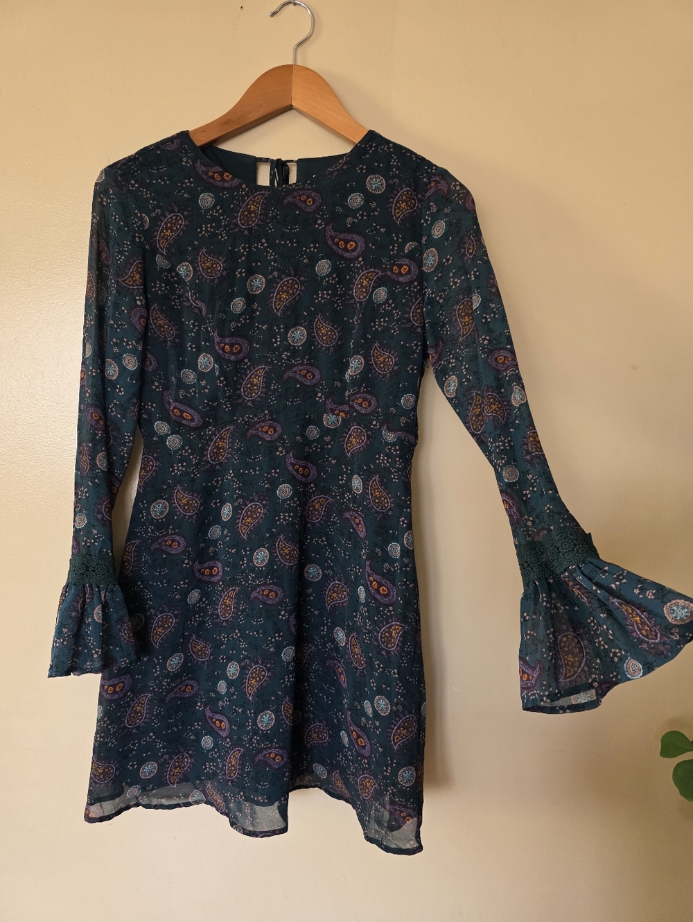 Xhilaration Paisley Mini Dress S Fairy Grunge Boho Bell Sleeve Dark Cottagecore